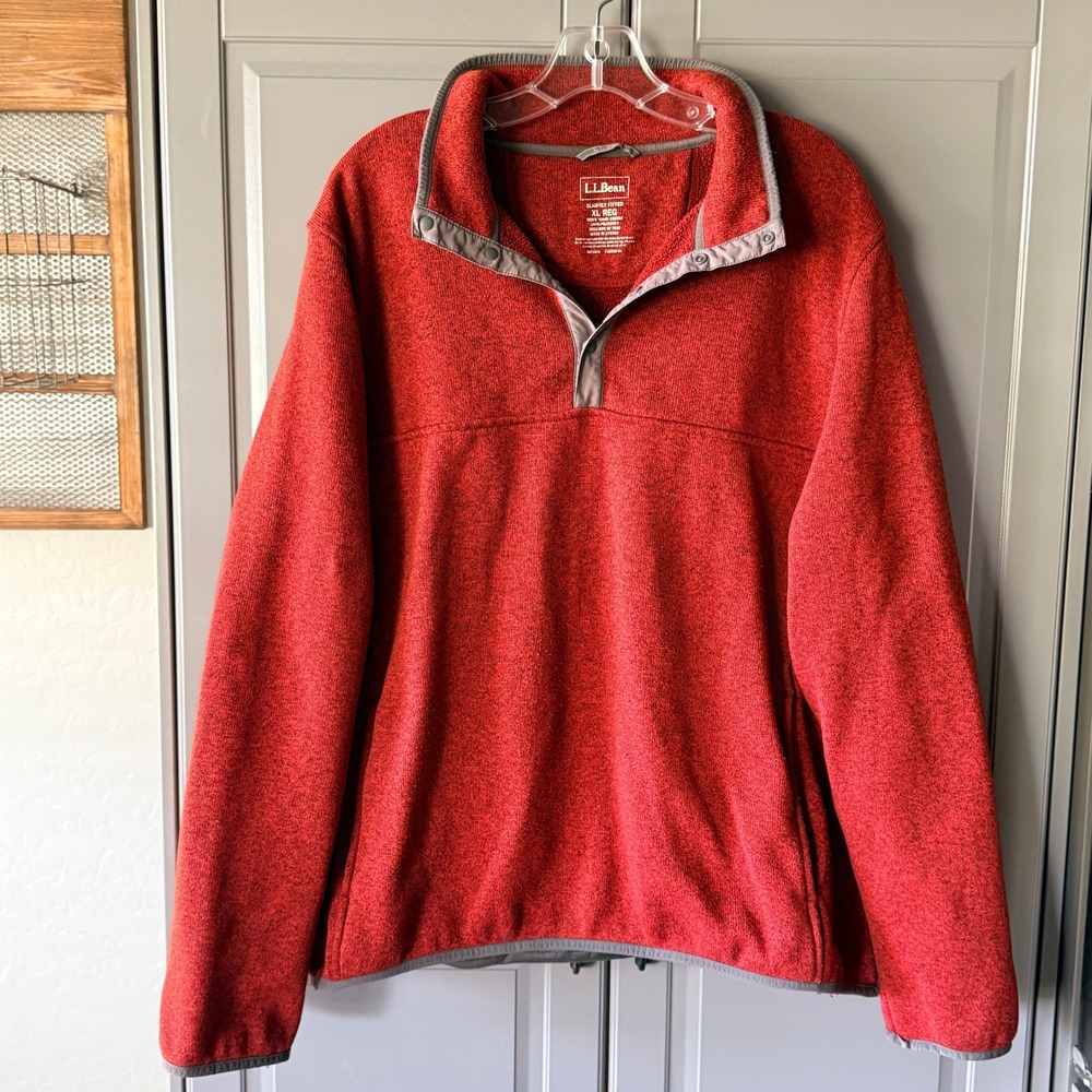 L.L. Bean Men's Fleece Contrast Trim Pullover Sweater, Rust Red,XL